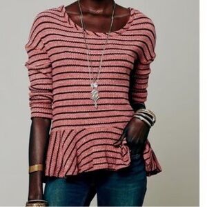Free People Striped Waffle Peplum Sweater Top